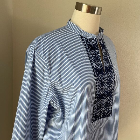Chaps Womens XL Blue Stripe Long Sleeve Tunic Top With Embroidered Front Shirt - Picture 2 of 9